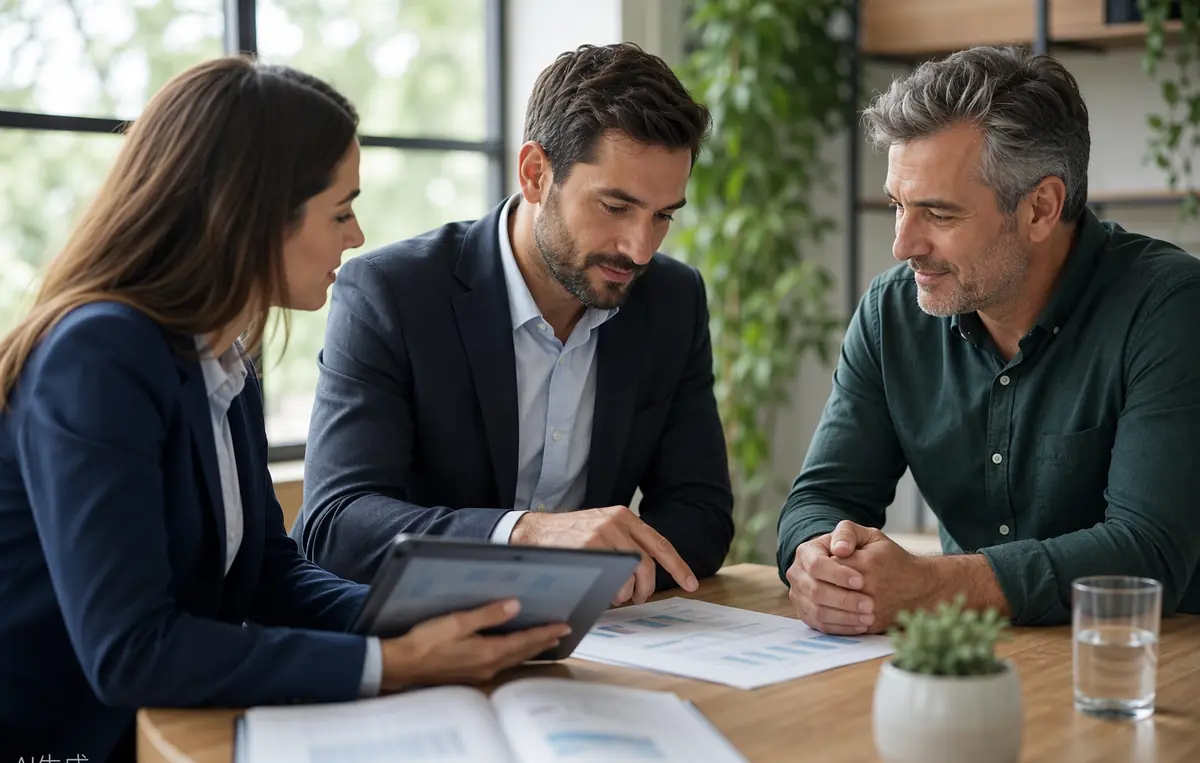 Dos consultores de Ogard Consult revisando el informe energético con el dueño de una empresa en su oficina