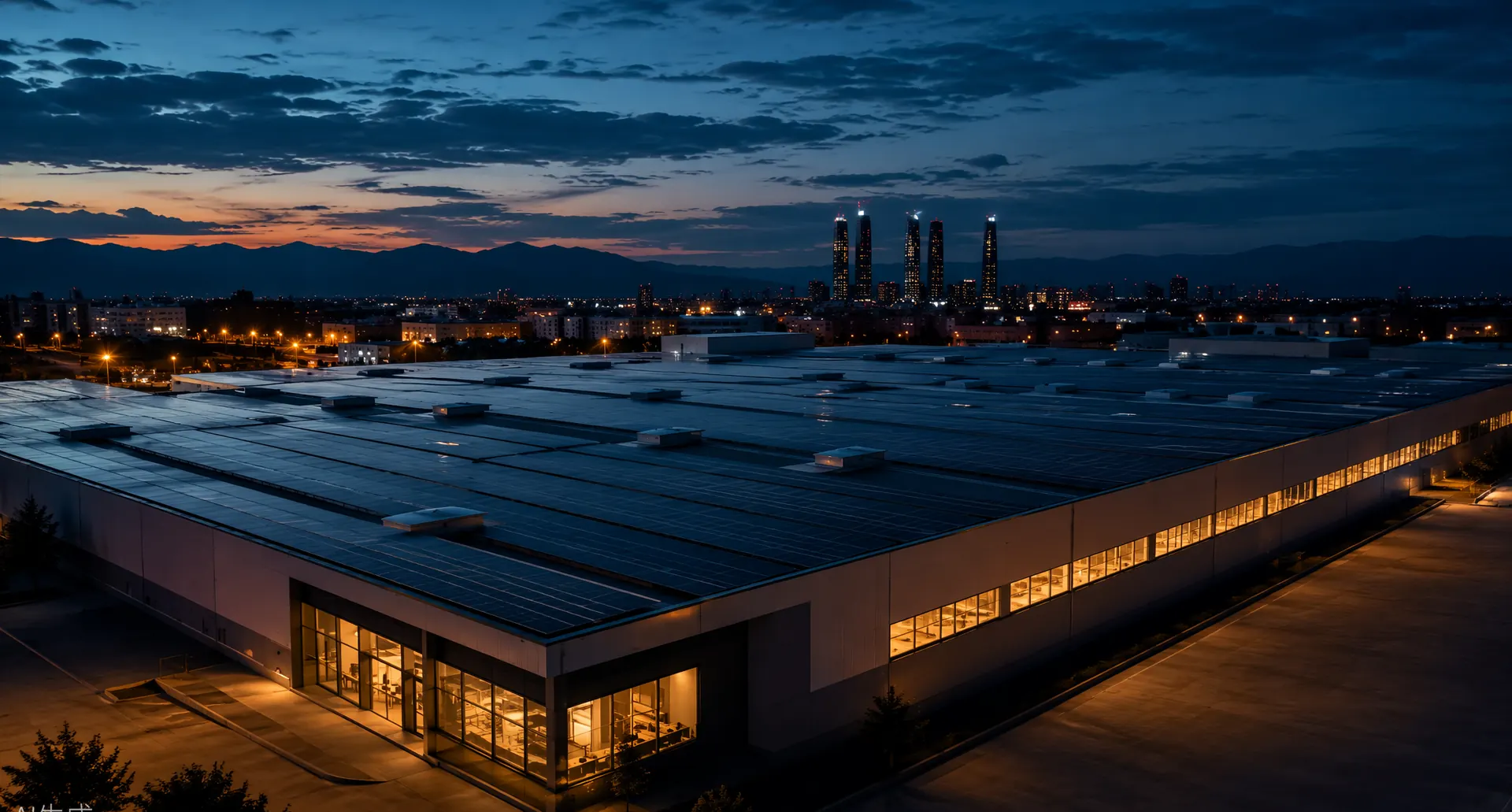 Nave industrial con placas solares al atardecer frente al skyline de Madrid, sede de una empresa cliente de asesoría energética